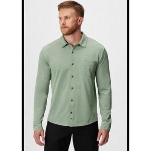 Fabletics Dash Button Up Mens L Green Long Sleeve Moisture Wicking Breathable‎